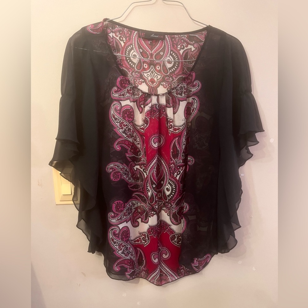 Heartsoul Black and Pink Paisley Chiffon Tunic with Layered Sleeves